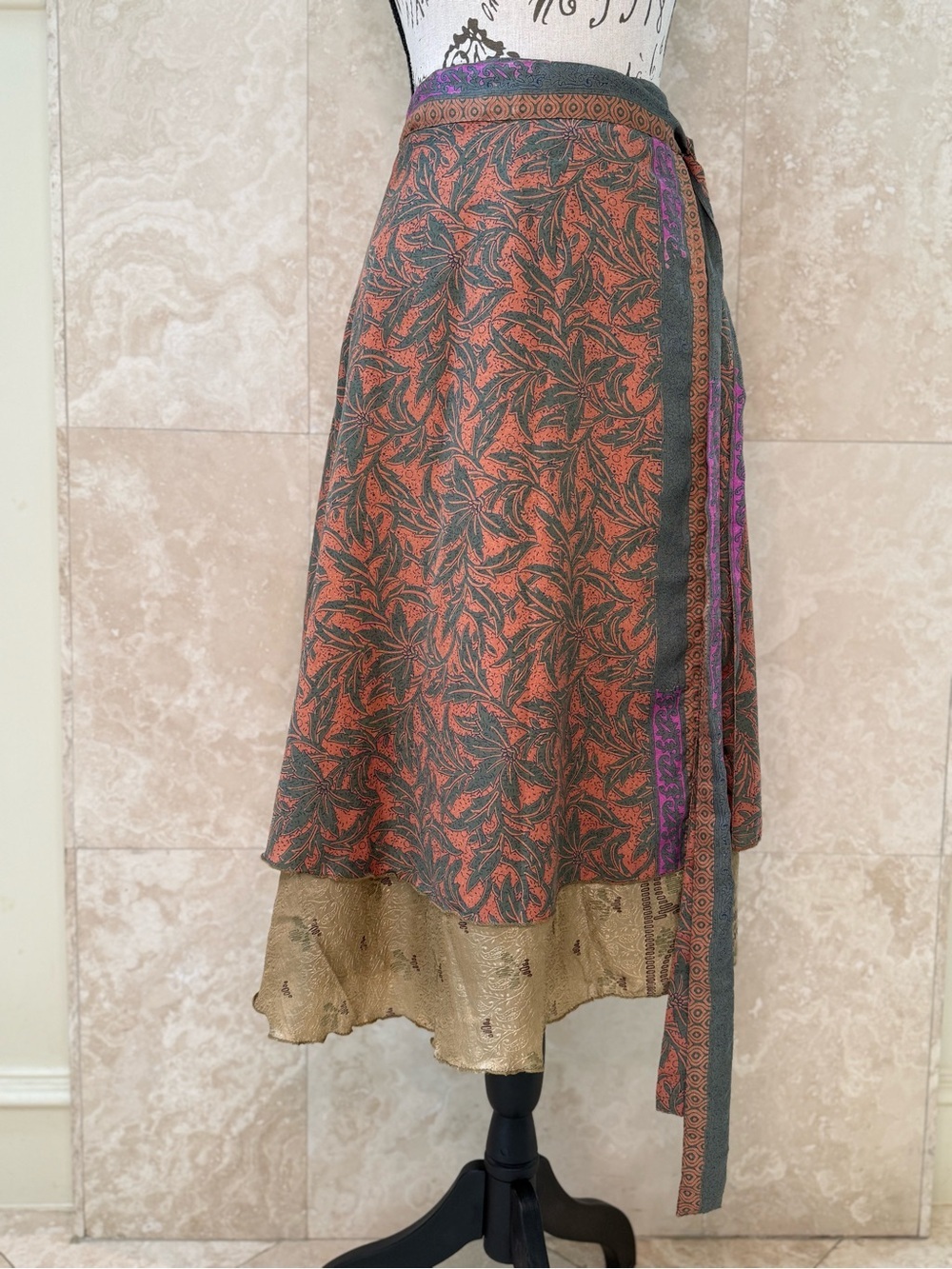 Boho Floral Wrap Skirt Orange Green Gold Scalloped Hem One Size